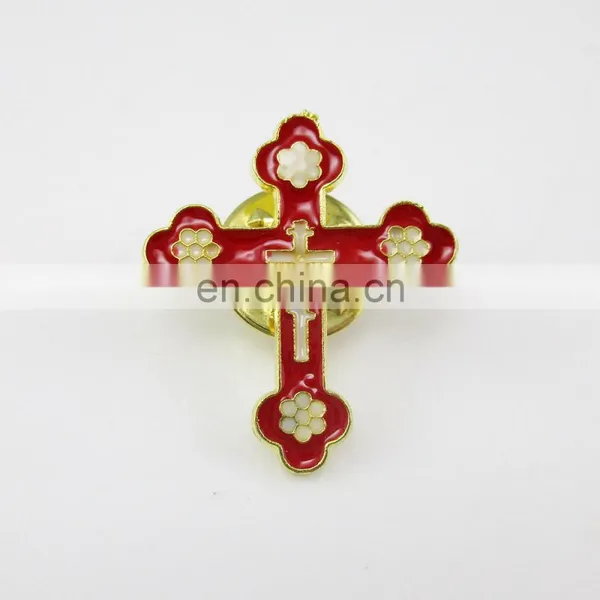 Gold Plated Red Religious Metal Cross Brooches Lapel Pin