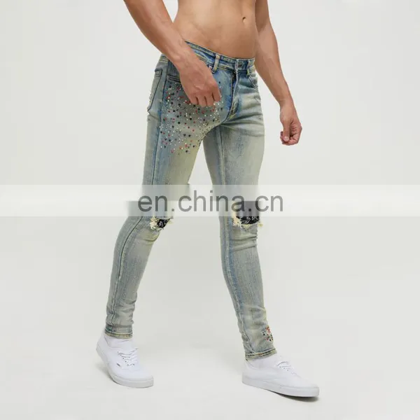 DiZNEW Denim Jeans Manufacturer Custom Hand Rhinestone Bandana Patch Distressed Jeans Man photo-3