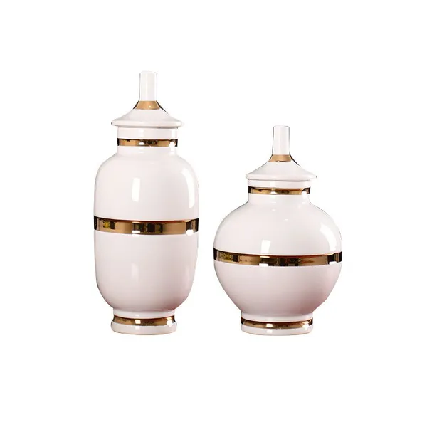 Light Luxury Simple Elegant White Gild Ceramic Flower Vase With Lid For Hotel Office Decor photo-5