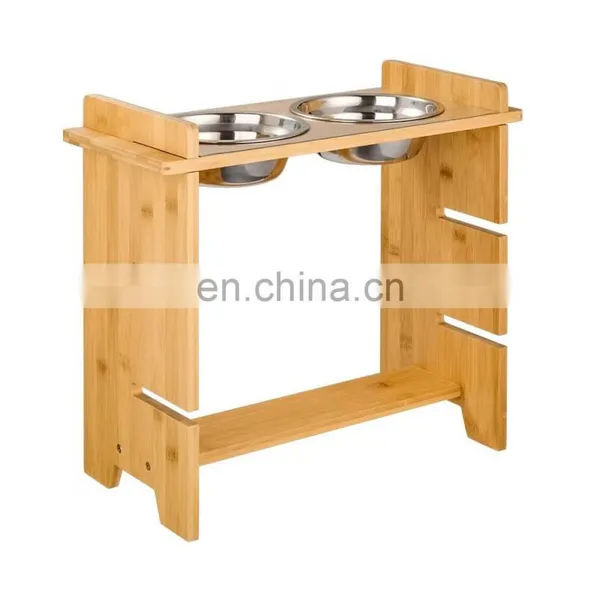 Raised Pet Bowls for Dogs and Cats Adjustable Height Bamboo Elevated Feeder Stand With 2 Stainless Bowls