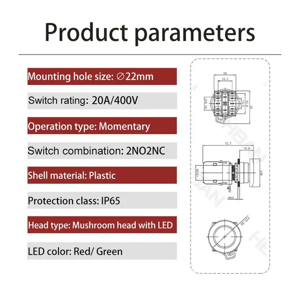 Ip65 22mm Mushroom Head Dot Illumination 24v 1no 1nc Stop Start Push Button Switch Momentary photo-2
