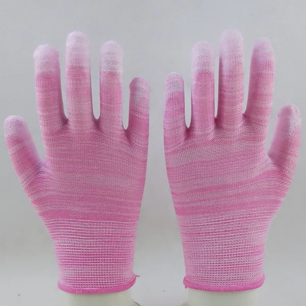 Pink and White Polyester Knitted pu Palm Coated Anti-static Safety Work Gloves photo-3