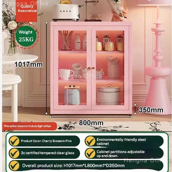 Cherry Blossom Pink Metal Nursery Storage Cabinet for Toronto | Arched Glass Kids Room Cupboard | With Rounded Gold Pulls photo-2