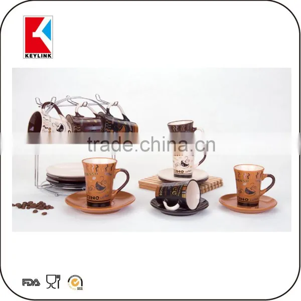 Wholesale Brown Coffee Cup Logo Printed 90cc Espresso Cups 12pcs Ceramic Cup and Saucer photo-2