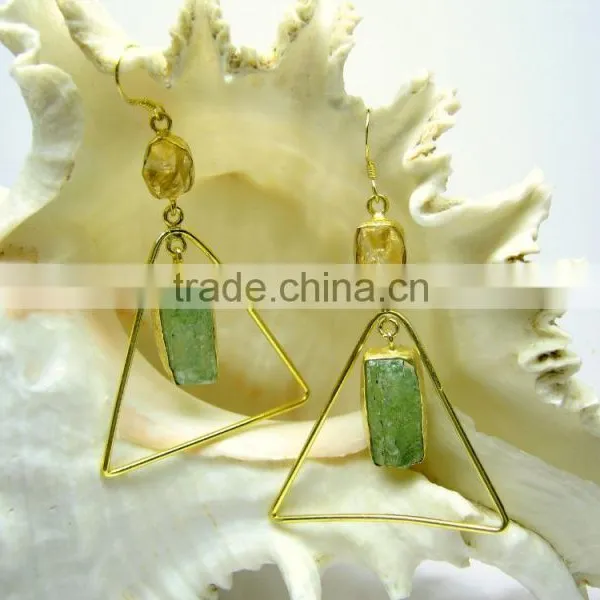 Citrine & Green Kyanite Rough Gemstone Earrings, 925 Solid Sterling Silver Earrings, Designer Vermeil Dangle Earrings photo-3