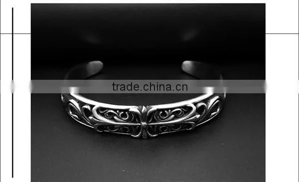 C Shape Antique Silver Vintage Engraved Stainless Steel Bangles photo-3