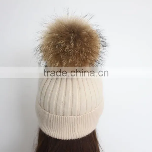 Myfur Wholesale Classic Beige Angola Rabbit Custom Knitted Pom Beanie Hat With Fur Pom photo-3