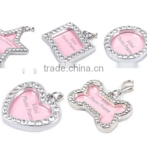 Pet ID Tags Card Personalized Photo Frame Puppy Rhinestone Bone Heart Star Jewelry