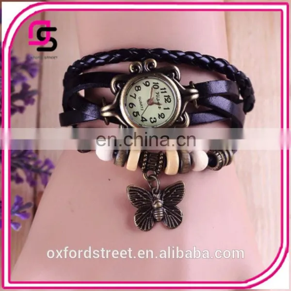 Ms Retro Hand-woven Imitation Leather Bracelet Watch Fashion and Colorful Butterfly Pendant Quartz Watch photo-2