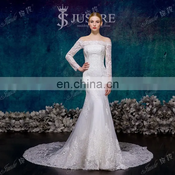 off the Shoulder Natural Waist Long Sleeve Full Lace Mermaid Wedding Dress 2015