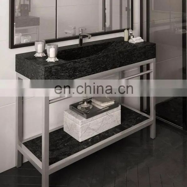 Marble Top Vanity With Metal Shelf and Support Leg