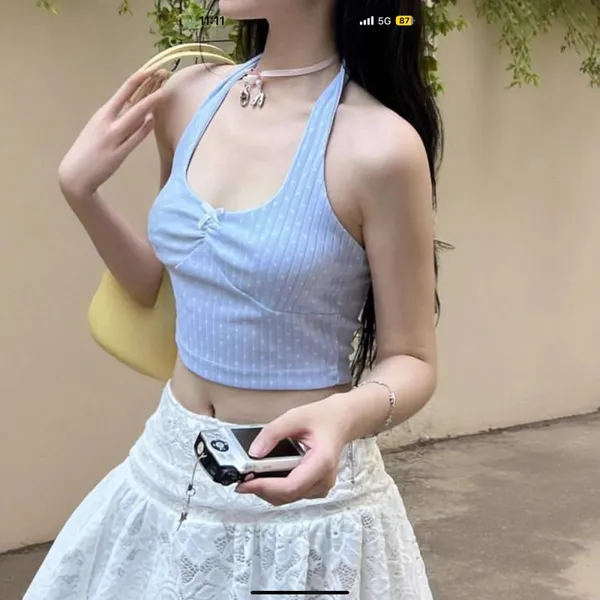 Purely Erotic, Spicy Girl Style, Sexy V-neck Short-sleeved Tank Top With a Backless Design, Cute and Fresh, Small and Pretty, Featuring Dotted Prints on the Front. photo-2