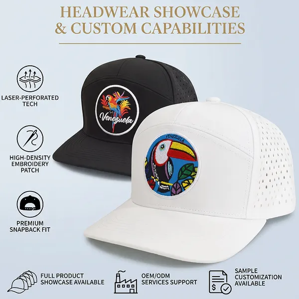 14 Years Certified Hat Manufacturer Custom Hats Embroidery Low MOQ Laser Cut 7 Panel Camp Cap
