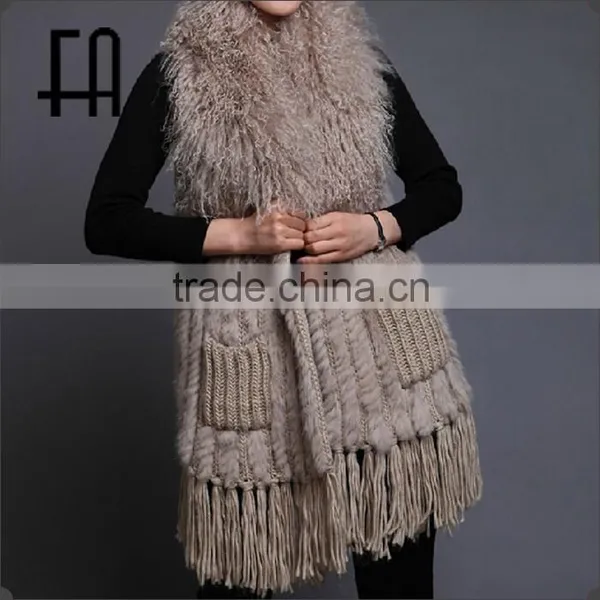 Factory Direct Wholesale Price Rabbit Knitted Fur Vest With Tibet Sheep Fur Collar Wool Knit photo-3