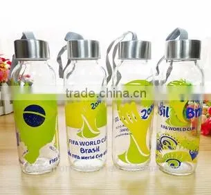 Wholesale World Cup Football Transparent Portable Water Glass Bottle With Stainless Steel Lid