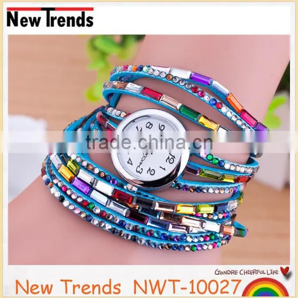 Fashion Lady Watch Korea Colorful Rhinestone Leather Wrist Watch