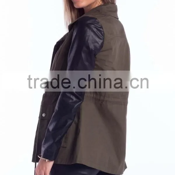 Fashion PU Sleeve Khaki Color Winter Parka Coats for Girls photo-4