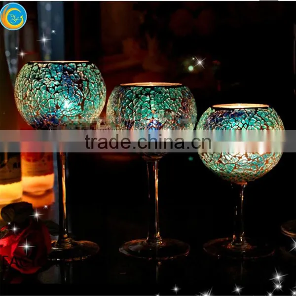 Mosaic Goblet Long Stem Glass Candlestick Holders photo-4