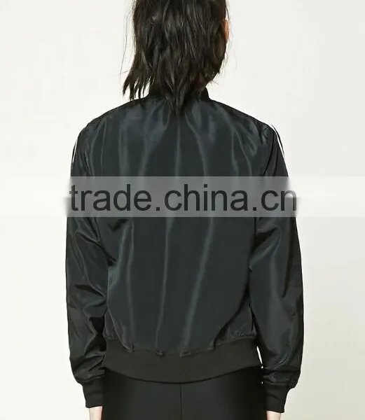 Wholesale Price Boutique Girl Clothing Woven Contrast Sleeve Zipper Front Basic Collar Stripe Lady Fashion Soccer Bomber Jacket photo-4