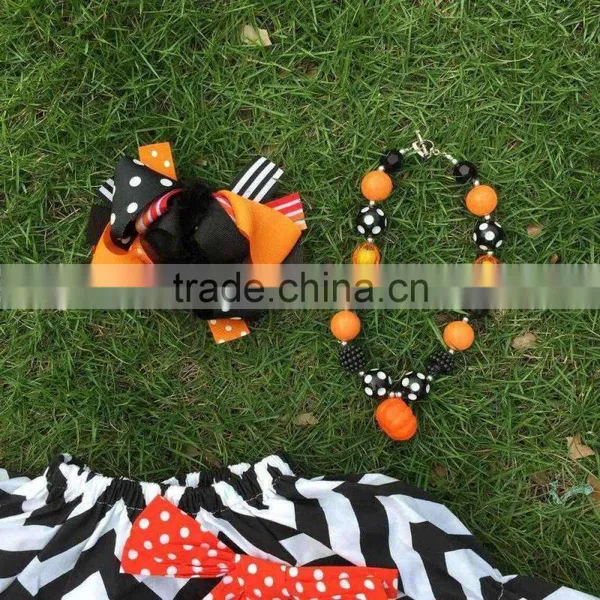 2015 New Arrival Girl Pumpkin Dress Kids Boutique Dress Halloween Dress Chervon Dress With Necklace and Bow photo-3
