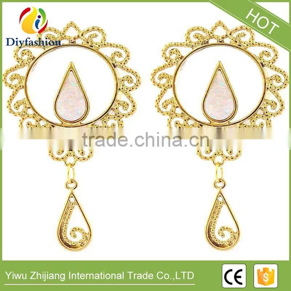 Gold Copper Opal Hollowed-out Flower Long Ear Plug photo-3