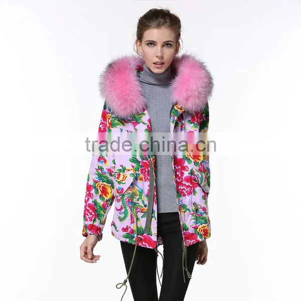 Chinese Style Print Sweetness and Freshness Women Wind Coats Pink Raccoon Fur Hooded Jacket Spring Garment