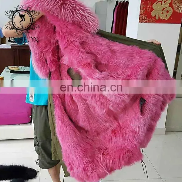 Real Pink Color Fox Fur Parka Wholesale Modern Oversized Fur Trim Coat for Women photo-3