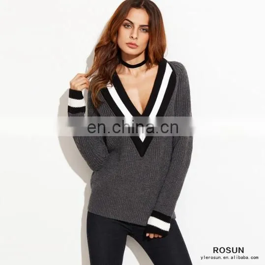 Grey Striped Trim Deep V Neck Knitted Sweater photo-2
