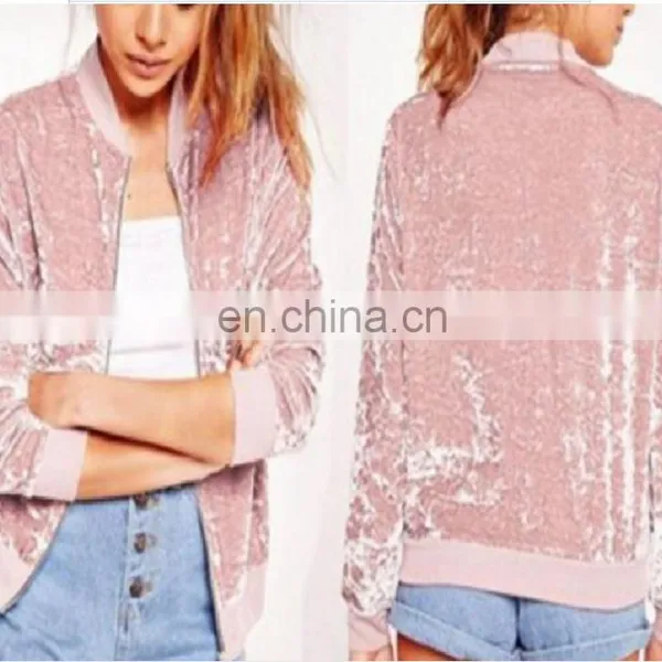 2017 Hotsale Women's Latest Fashion Zipper Collar Silk Velvet Bomber Jacket photo-2