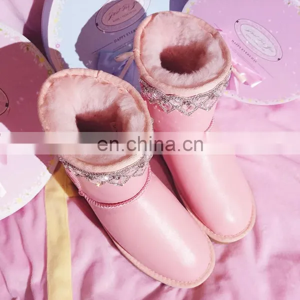 Aidocrystal Fashion Rhinestone Winter Shoes Lovely Pink Ankle Flat Boots for Girls photo-4