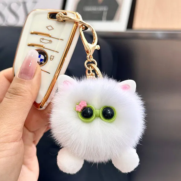 Kawaii White Kitten Plush Bag CharmFur Keychain