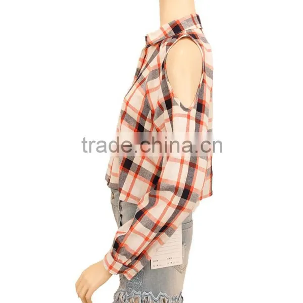 Cold Shoulder Women Plaid Shirt Long Sleeve Fashion Blouses 2015 photo-3