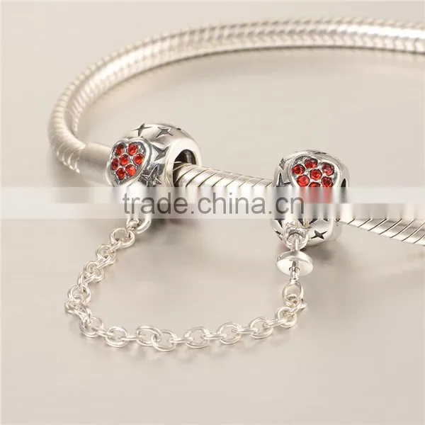 925 Sterling Silver Heart Red CZ Safety Chains Mother Day Gift Bracelet Chains photo-2