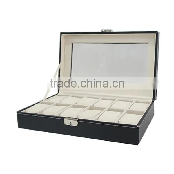Store More Watch Box Large 12 Mens Black Leather Display Glass Top Jewelry Case Organizer photo-3