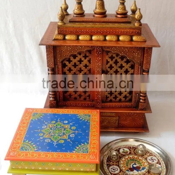 Hand Painted Copper Finish Wooden Temple With Gate photo-4