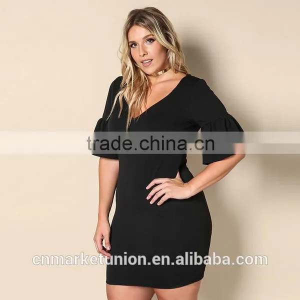 2017 Hot Sale Deep V-neck Elbow Sleeve Black Dress for Fat Women photo-5
