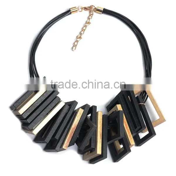 Red Black Wooden Square Pendant Choker Necklace Geometric Wood Choker Necklace Korea Wax Cord Choker Necklace photo-6