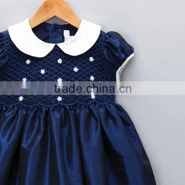 Baby Hand Smocked Peter Pan Collar Short Puff Sleeve Navy Blue Dress Party Dress for Kids Clothing photo-2