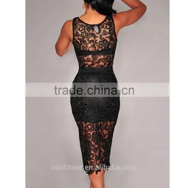 Ladys Sexy Floral Sheer Sleeveless Lace Crop Top and Midi Skirt Set Women Party Dress photo-5