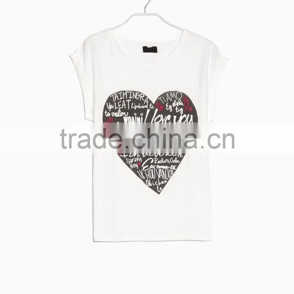 Sweet Teen Girls Heart Print Rolled-up Sleeves White Korean Fashion Cotton T Shirt photo-3