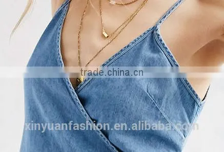 Apparel Denim Sexy Blue Plunge Neck Dress Spaghetti Strap Sashes Wrap Dresses Backless Sleeveless Street A-line Dress photo-3
