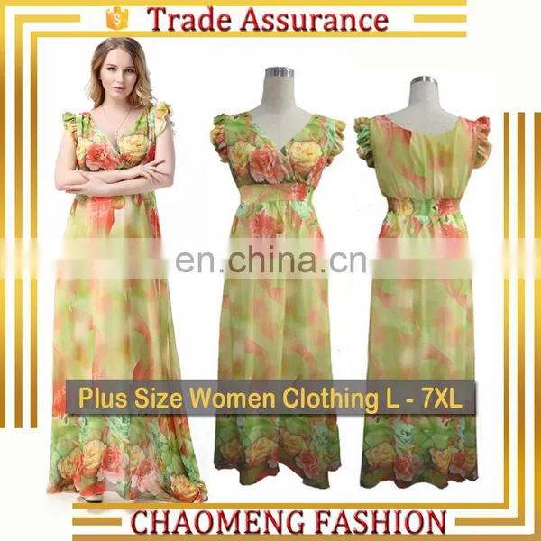 9007# New Style Party Dresses For Fat Women Long Boho Flower Sundress Floral Silk Chiffon Maxi Beach Plus Size Bohemian Dress