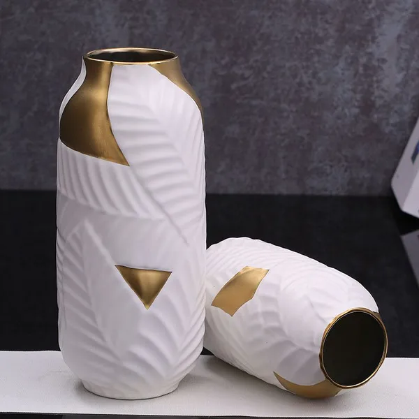 White Mint-Mark Leaf Gild Hand Made Ceramic Flower Vase Art Gift For Living Room Office Study photo-2