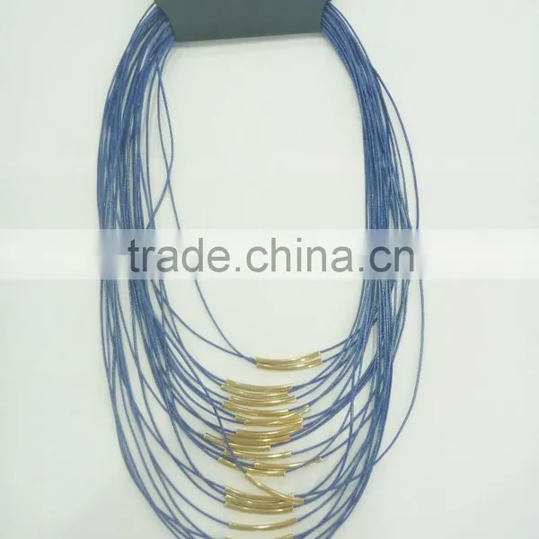 FACHION MULTI ROW WAX CORD NECKLACE WITH METAL TUBES MAGNET CLOSURE photo-3