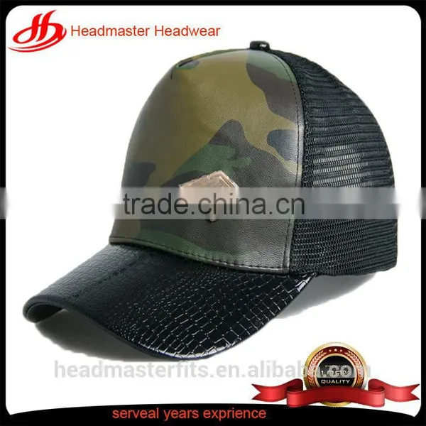 Custom Camo PU Leather Trucker Caps With Metal Patch