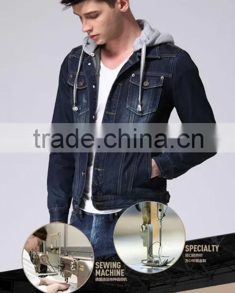 Denim Jacket Shop Fashion Plain Zipper Men's Denim Jacket With Fleece Hoody photo-6