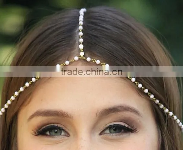 Whosale Bride Wedding Bride Hair Decoration Headbands Indian Boho Pearl Head Chain photo-4