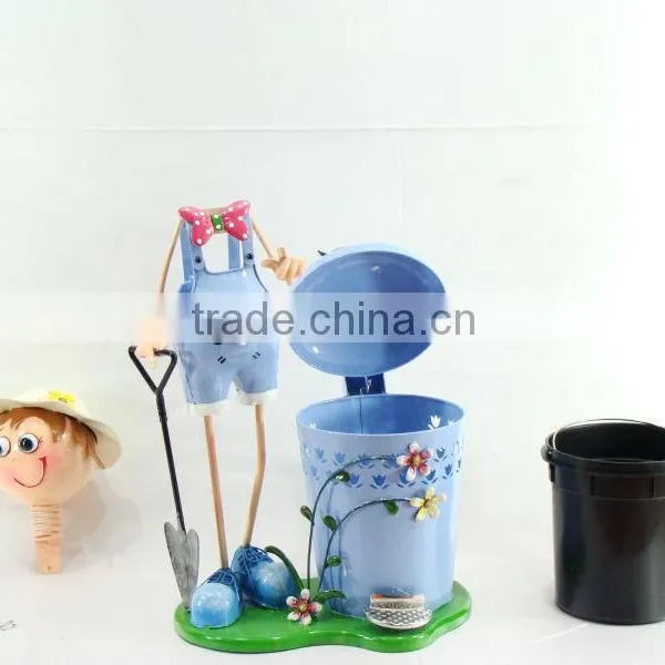 Metal doll outdoor garbage bin for garden decor