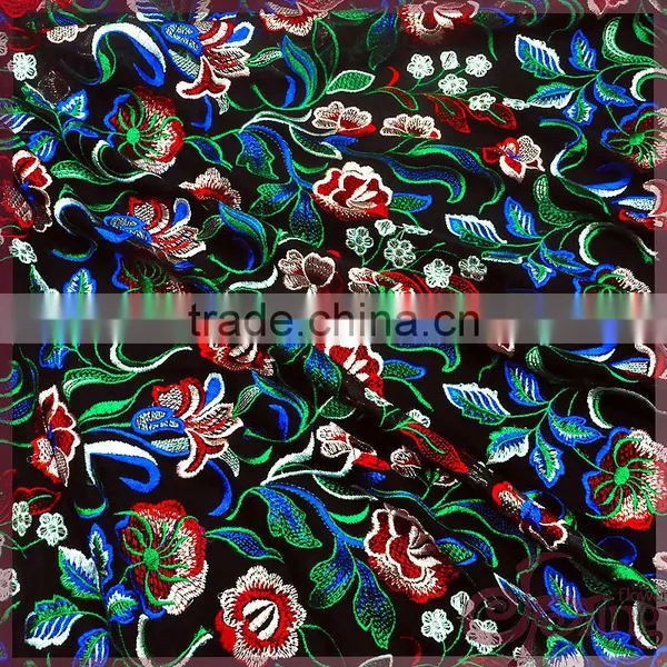 Colorful Flower Embroidered Tulle Lace Fabric, Elegant Shining Poly Mesh Embroidered Fabric photo-2