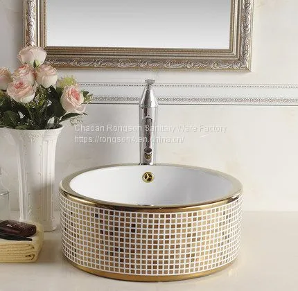 China Ceramic Bathroom Sanitary Ware Rectangle Single Hole Golden Art Luxury Table Top Wash Art Basin photo-2